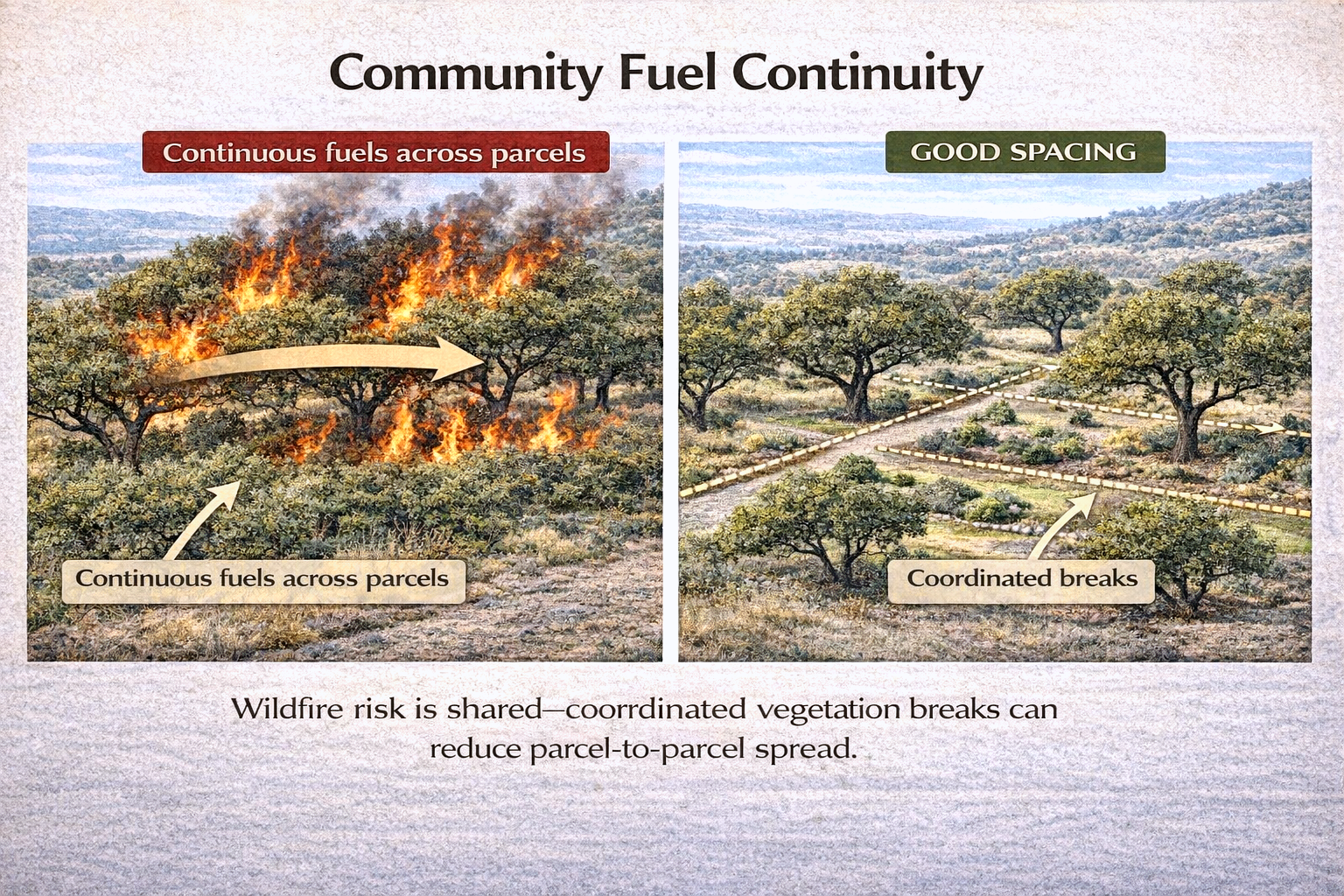 Community fuel continuity: coordinated vegetation breaks reduce parcel-to-parcel spread