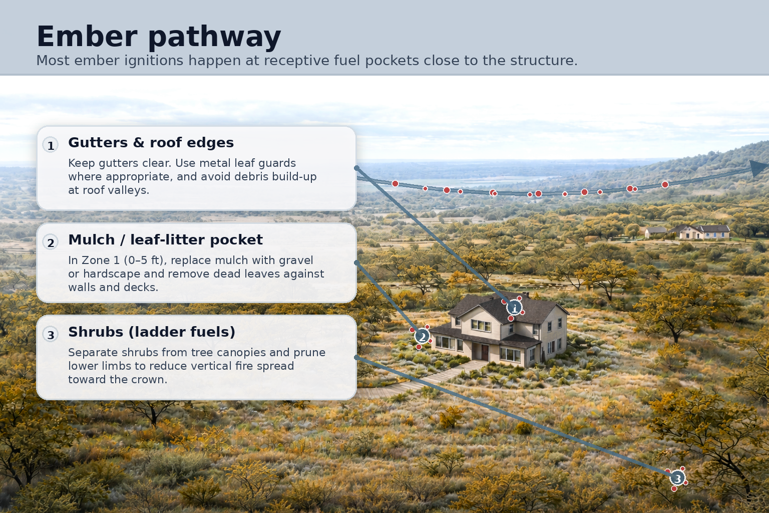 Diagram showing wind-driven embers traveling along an arc and landing on gutters, mulch/leaf litter, and shrubs near a home.