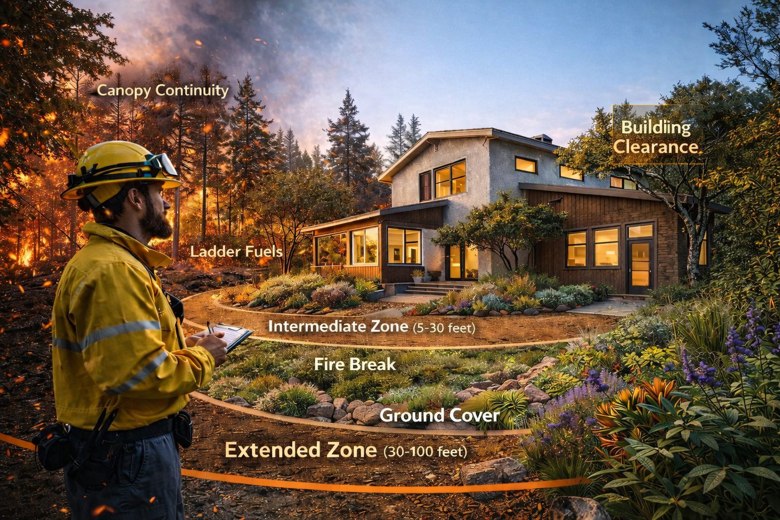Defensible-space diagram showing ember pathway, ladder fuels, canopy continuity, fire break, ground cover, and building clearance around a home