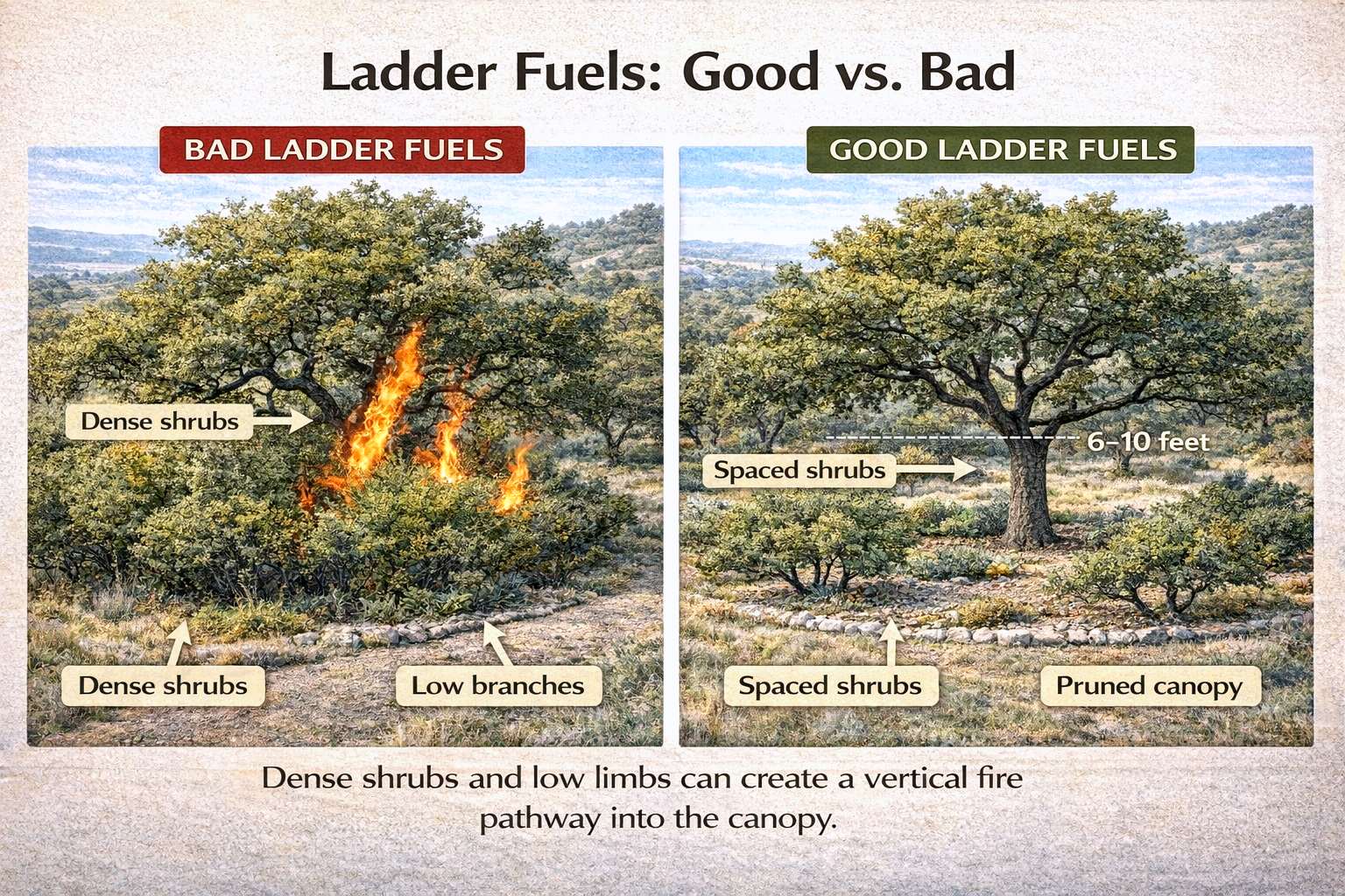 Ladder fuels: good vs bad shrubs and canopy clearance